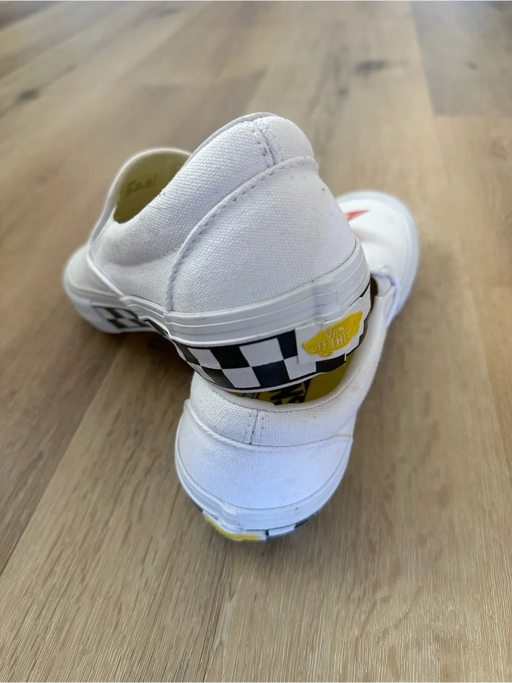 Vans White Checkerboard Slip-On Loafers with Yellow Soles
